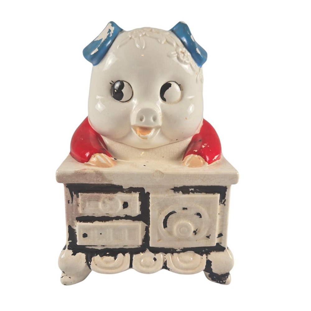 Vintage Ceramic Pig Cookie Jar Farmhouse Country Kitchen Canister Mid Century